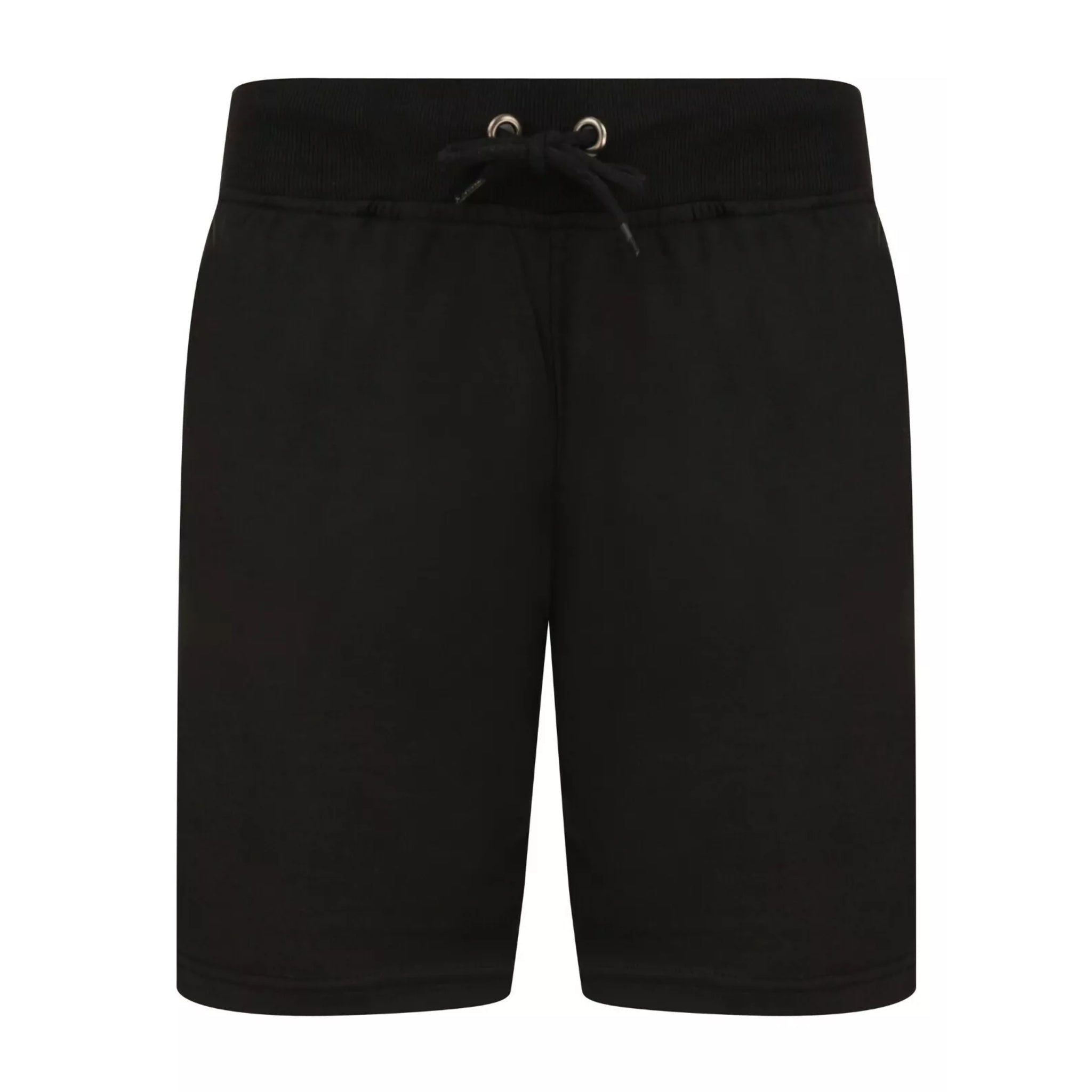 Men's black jersey sweat shorts with adjustable drawstring waistband and secure zip pockets